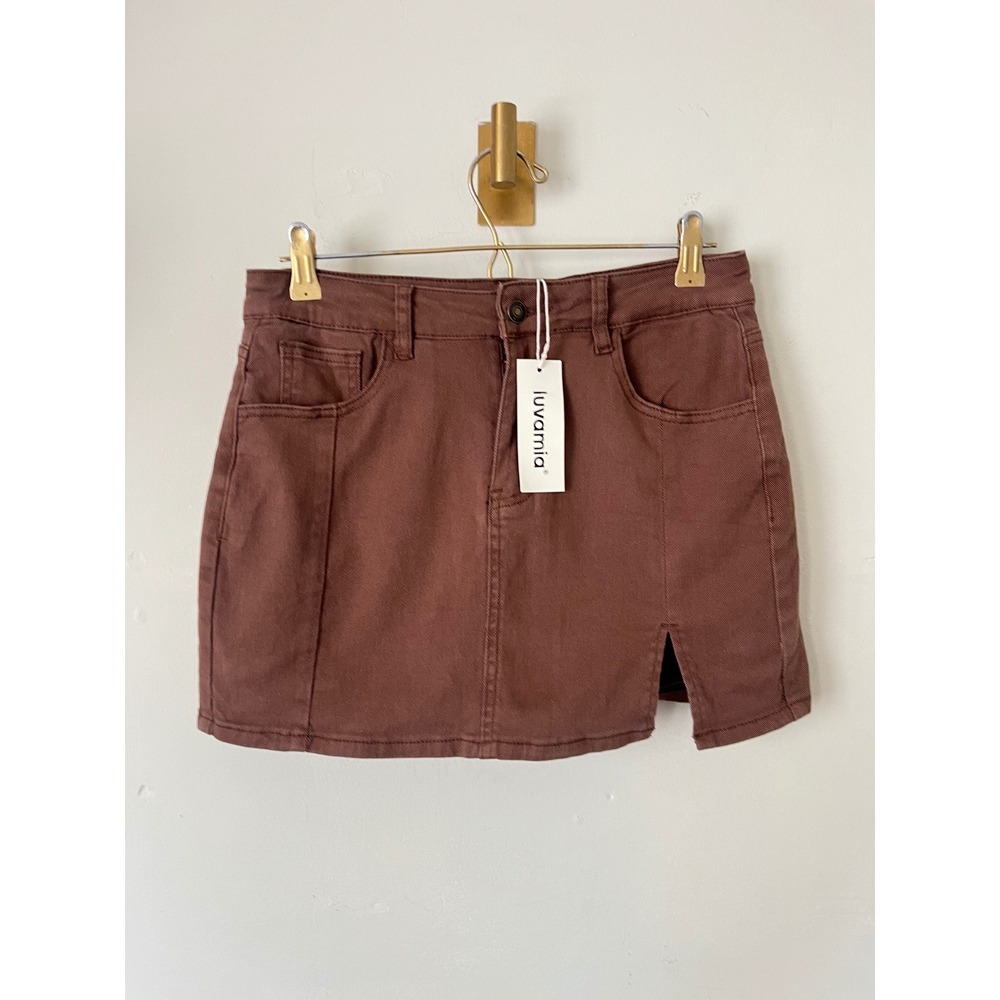 Luvamia Chocolate Brown Stretch Denim Skort Mini Slit Streetwear Neutral Size M